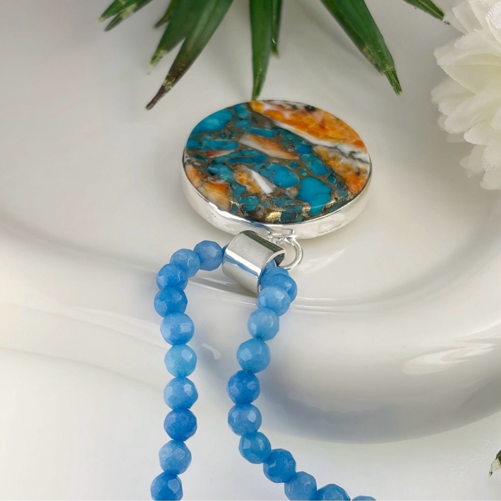 Oyster Turquoise Pendant Necklace Boho Southwest Round Orange Blue New 925 - Picture 5 of 6